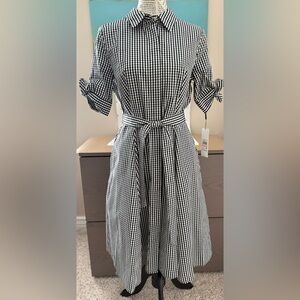 Women’s NWT Calvin Klein Fitted Short-Sleeve Black White Gingham Swing Dress 10